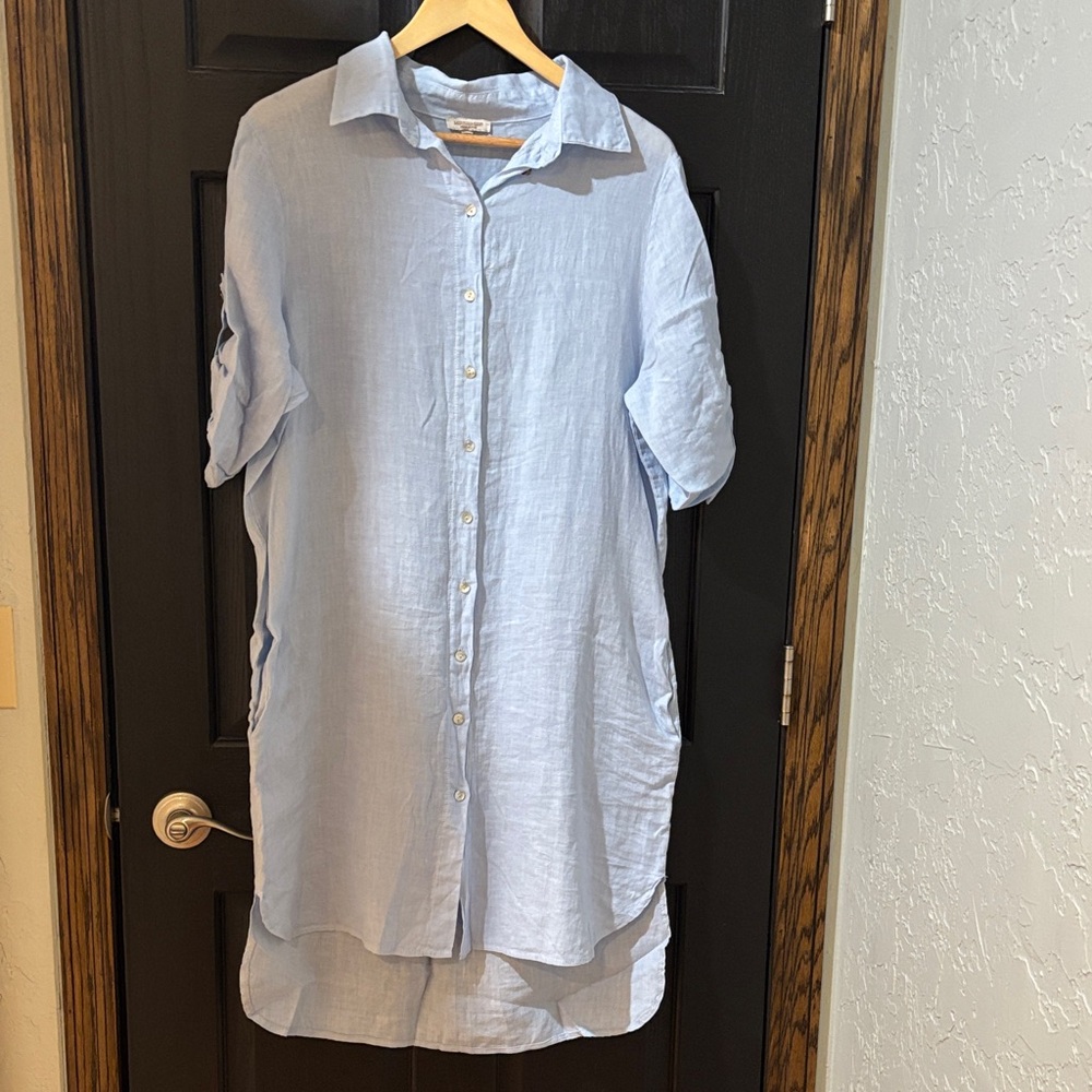 Light Blue Linen Midi Shirt Dress — Relaxed Button-Down